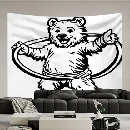 Black and white bear tapestry – cute bear holding hula hoop surrounded by flowers dark boho bedroom wall art
