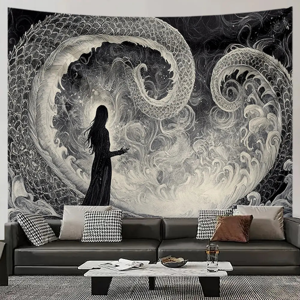Black and white woman and dragon tapestry – lone woman silhouette standing before swirling cosmic dragon dark gothic wall hanging