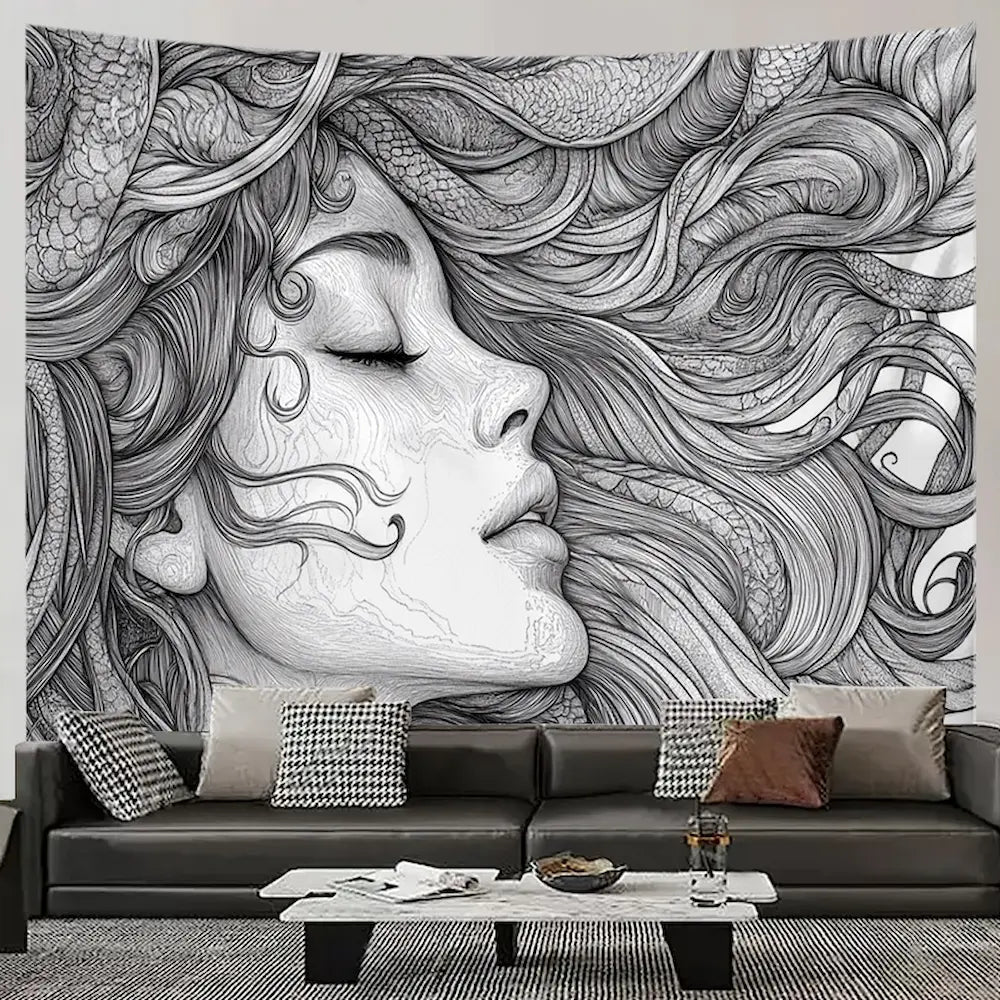 Black and white woman portrait tapestry – gothic woman face profile with closed eyes and flowing hair dark boho wall hanging