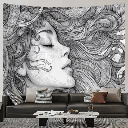Black and white woman portrait tapestry – gothic woman face profile with closed eyes and flowing hair dark boho wall hanging