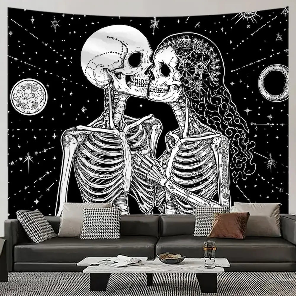 Black and white kissing skulls tapestry – two skeletons embracing under starry night sky gothic romantic wall hanging