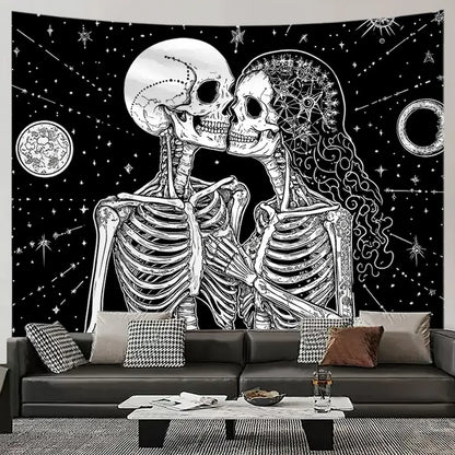 Black and white kissing skulls tapestry – two skeletons embracing under starry night sky gothic romantic wall hanging