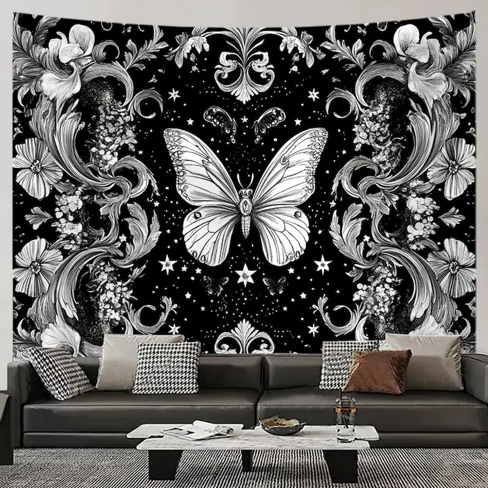 Black and white butterfly floral tapestry – large white butterfly centered in baroque floral frame with stars dark gothic wall art