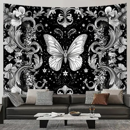 Black and white butterfly floral tapestry – white butterfly centered among baroque flowers and stars gothic dark background wall art