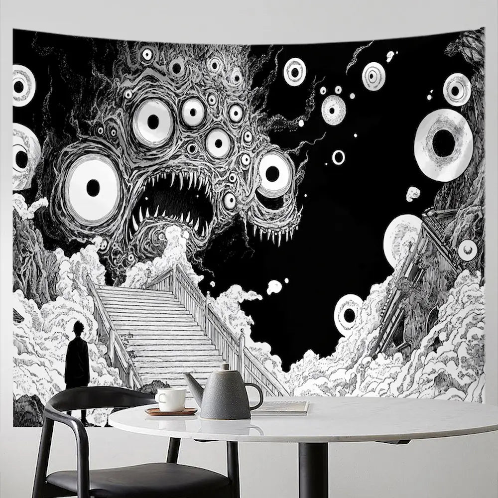 Black and white horror monster tapestry – lone figure at staircase facing giant multi-eyed roaring monster gothic horror anime wall hanging