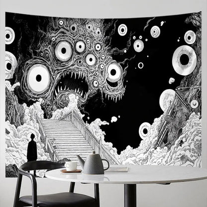 Black and white horror monster tapestry – lone figure at staircase facing giant multi-eyed roaring monster gothic horror anime wall hanging
