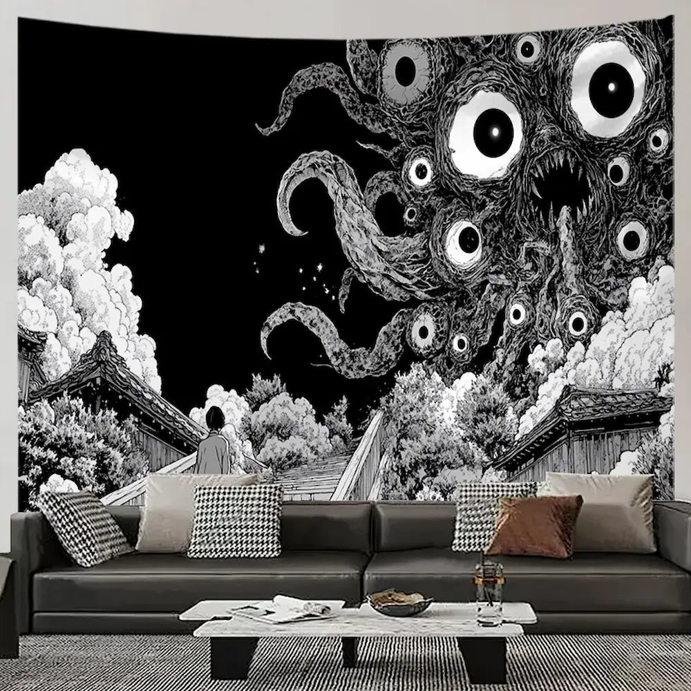 Black and white horror monster tapestry – lone figure facing giant multi-eyed tentacle monster gothic anime manga wall hanging