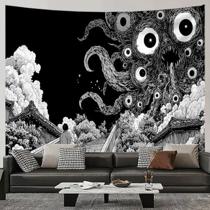 Black and white horror monster tapestry – lone figure facing giant multi-eyed tentacle monster gothic anime manga wall hanging