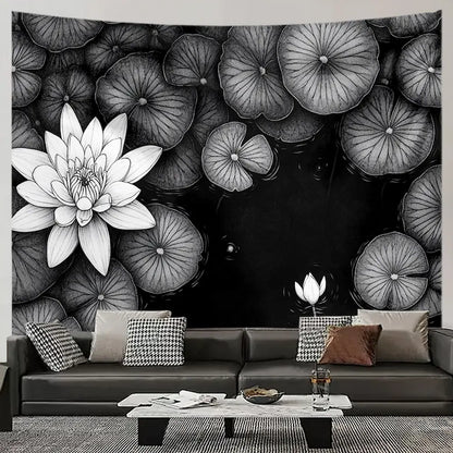 Black and white lotus flower tapestry – large white lotus blooming surrounded by dark floral elements boho wall art