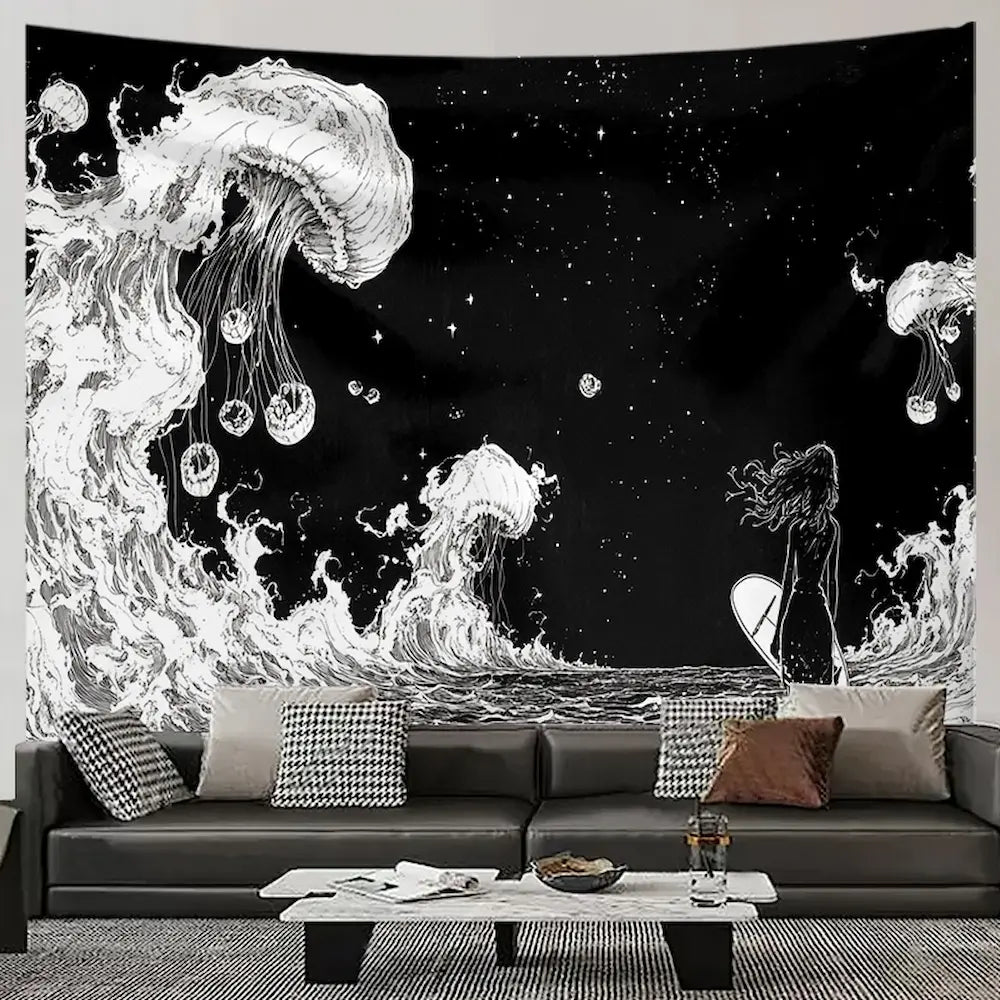 Black and white jellyfish woman tapestry – ethereal woman figure surrounded by floating jellyfish dark cosmic wall hanging