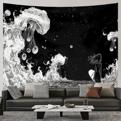 Black and white jellyfish woman tapestry – ethereal woman figure surrounded by floating jellyfish dark cosmic wall hanging