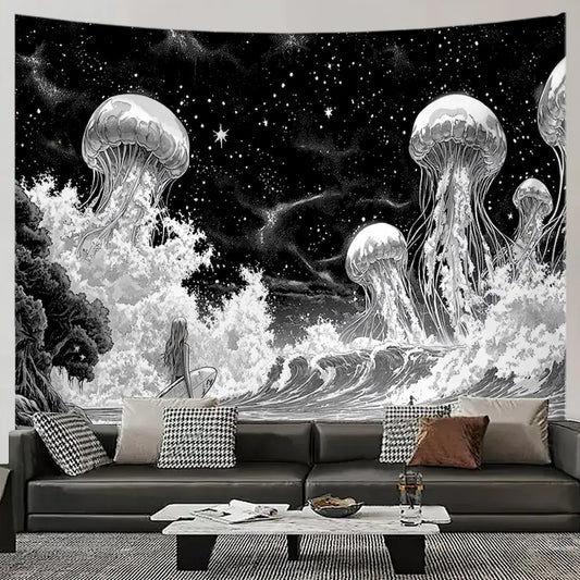 Black and white jellyfish tapestry – giant jellyfish floating above crashing ocean waves under starry night sky dark boho wall hanging