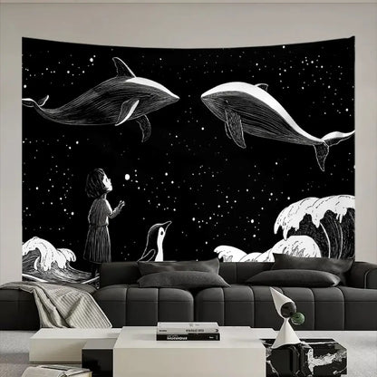 Black and white whale tapestry – girl gazing at flying whales above ocean waves under starry night sky dark boho wall art