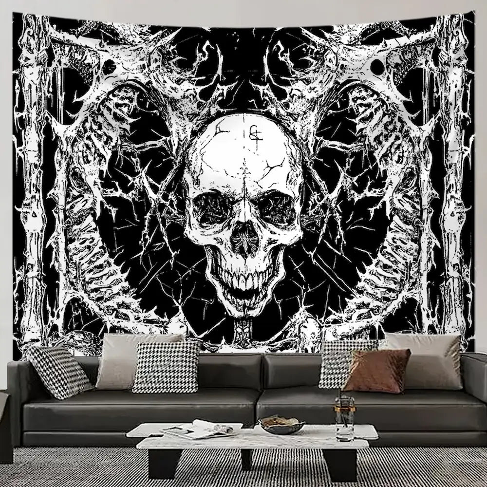 Black and white skull tapestry – large gothic skull with cracked texture surrounded by dark floral frame horror wall hanging