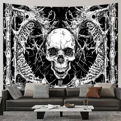 Black and white skull tapestry – large gothic skull with cracked texture surrounded by dark floral frame horror wall hanging