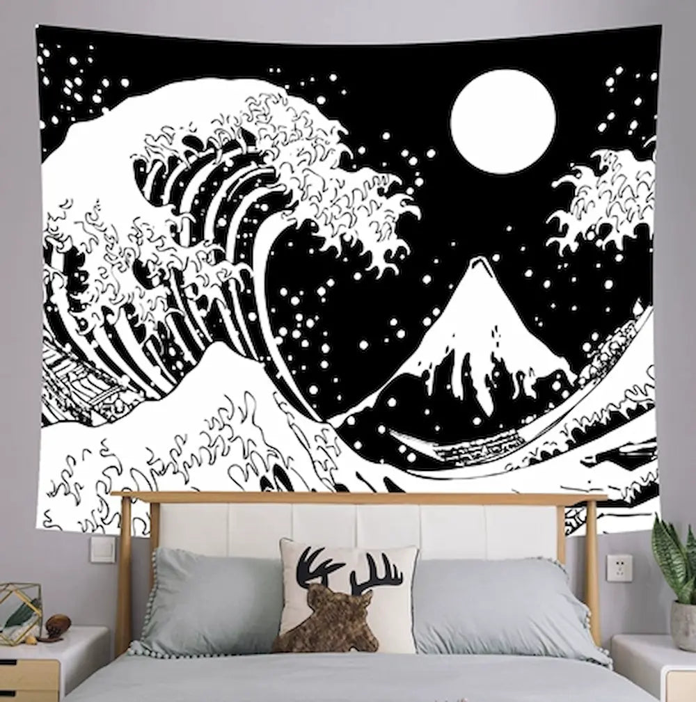 Black and white great wave tapestry – Hokusai-inspired giant ocean wave with full moon under starry night sky wall art