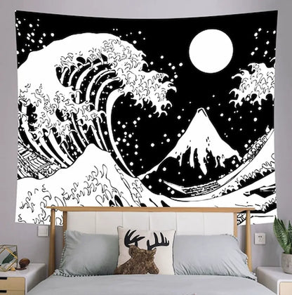 Black and white great wave tapestry – Hokusai-inspired giant ocean wave with full moon under starry night sky wall art