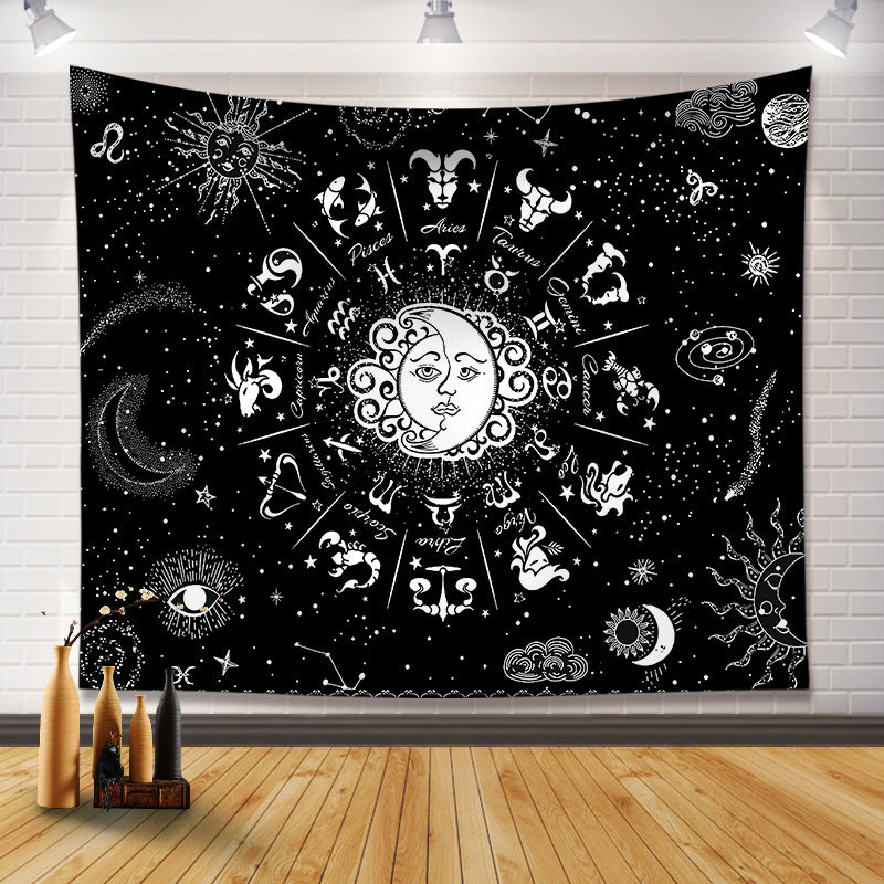 Black and White Sun and Moon Tapestry Wall Hanging - Pattern 09