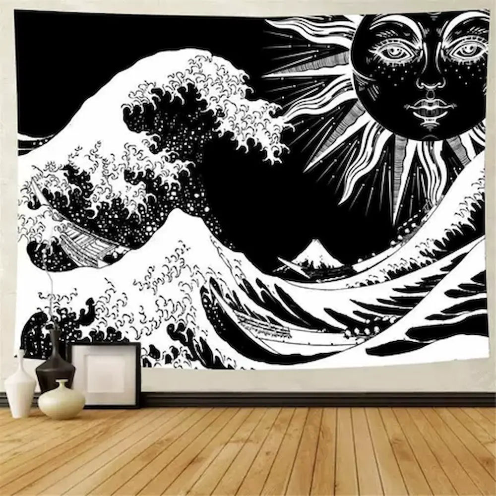 Black and white great wave tapestry – Hokusai-inspired giant ocean wave with decorative sun face dark gothic wall art