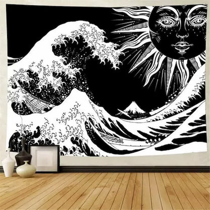 Black and white great wave tapestry – Hokusai-inspired giant ocean wave with decorative sun face dark gothic wall art