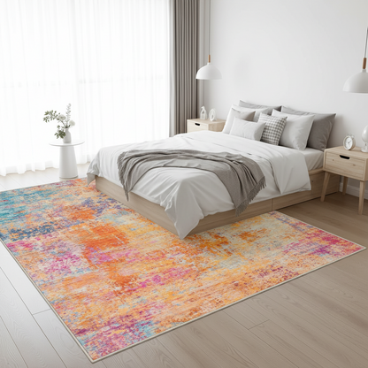 Bright multicolor abstract area rug in Scandinavian living room, non-slip washable rug 9x12