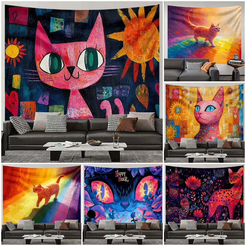Oil Painting Cat Tapestry Wall Hanging Boho Home Decoration Bedroom Art