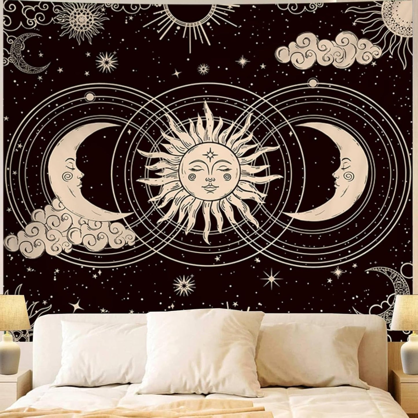 Black and White Sun and Moon Tapestry Wall Hanging - Pattern 06