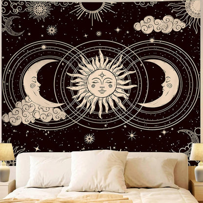 Black and White Sun and Moon Tapestry Wall Hanging - Pattern 06