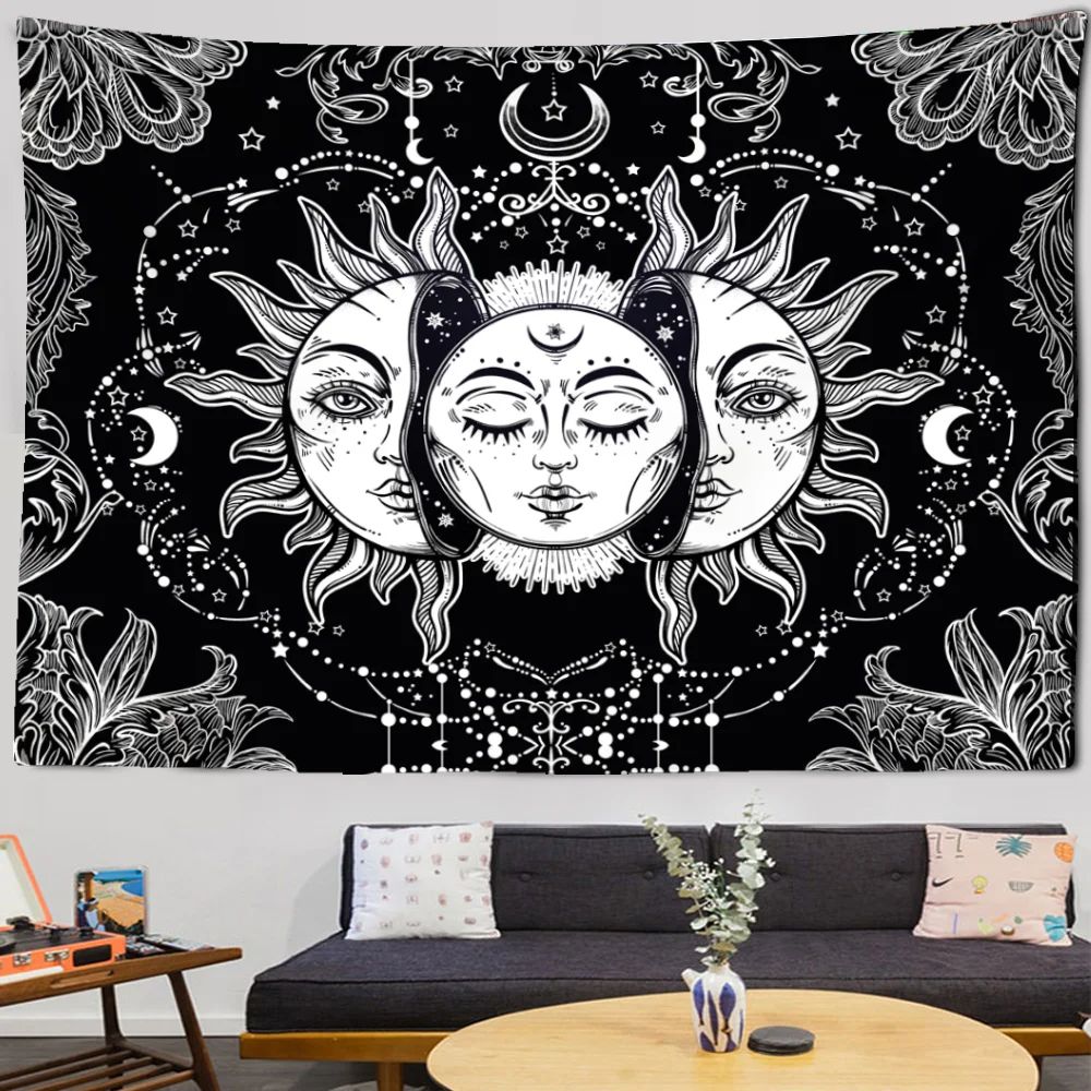Black and White Sun and Moon Tapestry Wall Hanging - Pattern 08