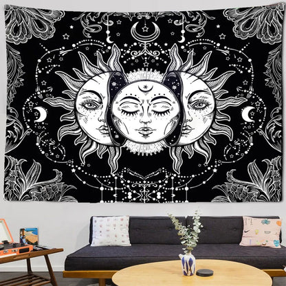Black and White Sun and Moon Tapestry Wall Hanging - Pattern 08