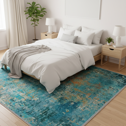 Blue Green Abstract Area Rug in Bedroom – Soft Washable Non-Slip Large Rug 9x12