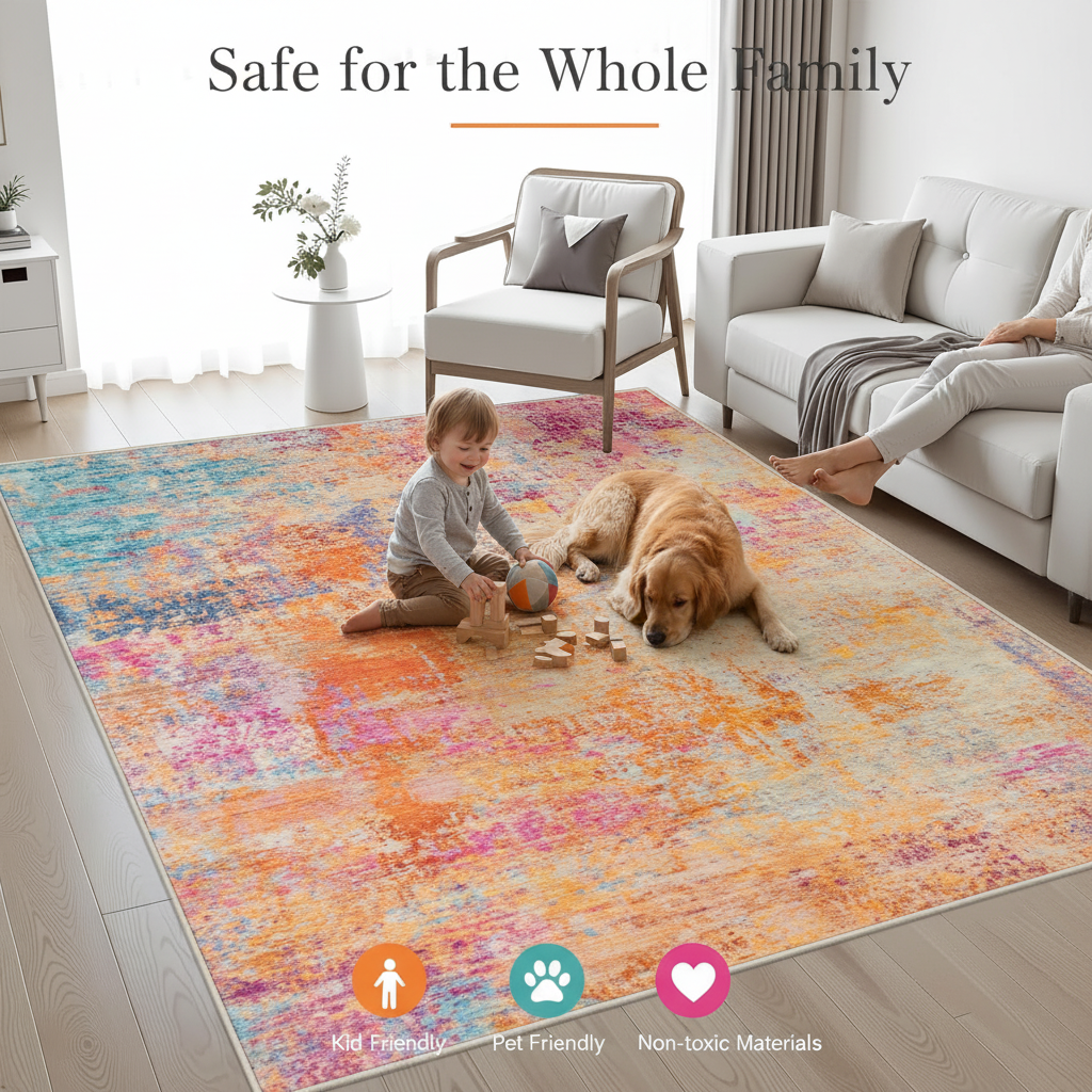 Kid and pet friendly burnt orange teal area rug, safe non-toxic washable large rug