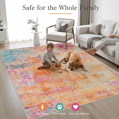 Kid and pet friendly burnt orange teal area rug, safe non-toxic washable large rug