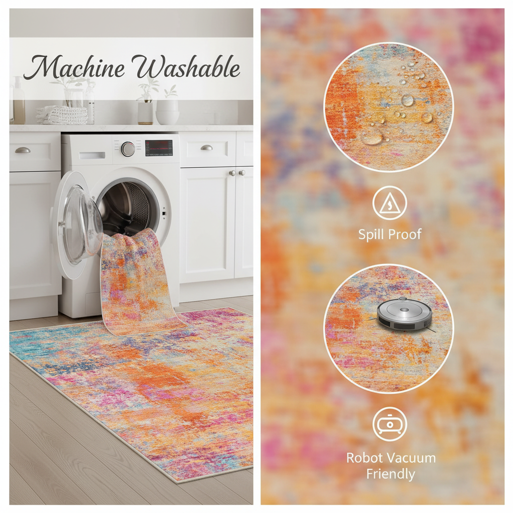 Machine washable area rug with burnt orange teal pattern, non-slip backing