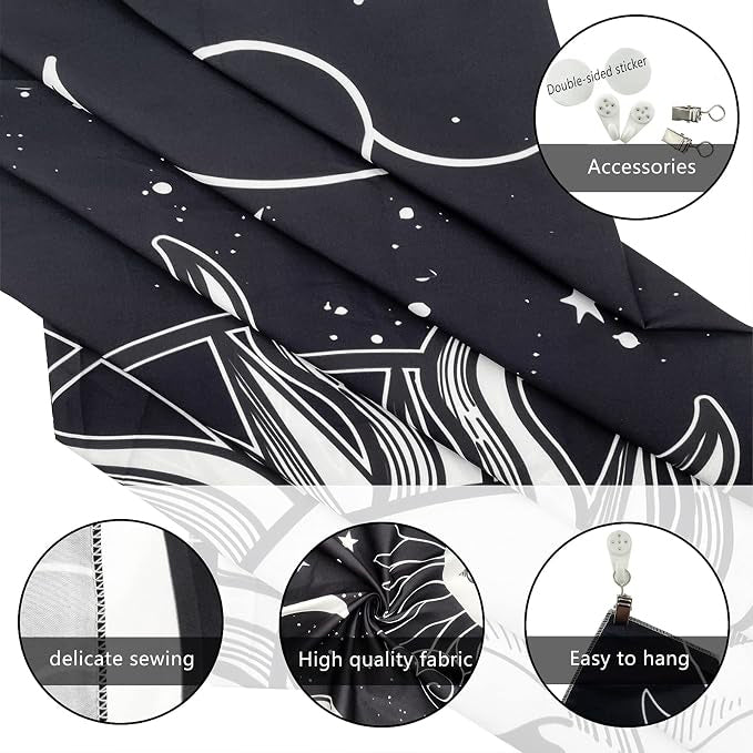 Black and white tapestry detail – fabric texture, material description card, size and weight specifications