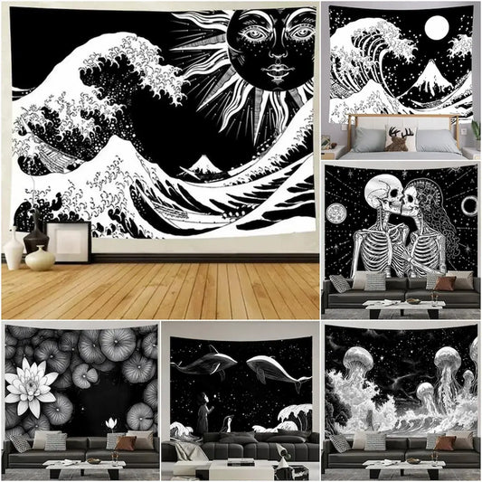Black and white tapestry collage – great wave with sun face, kissing skulls, jellyfish ocean scene, product detail shots dark boho wall art collection