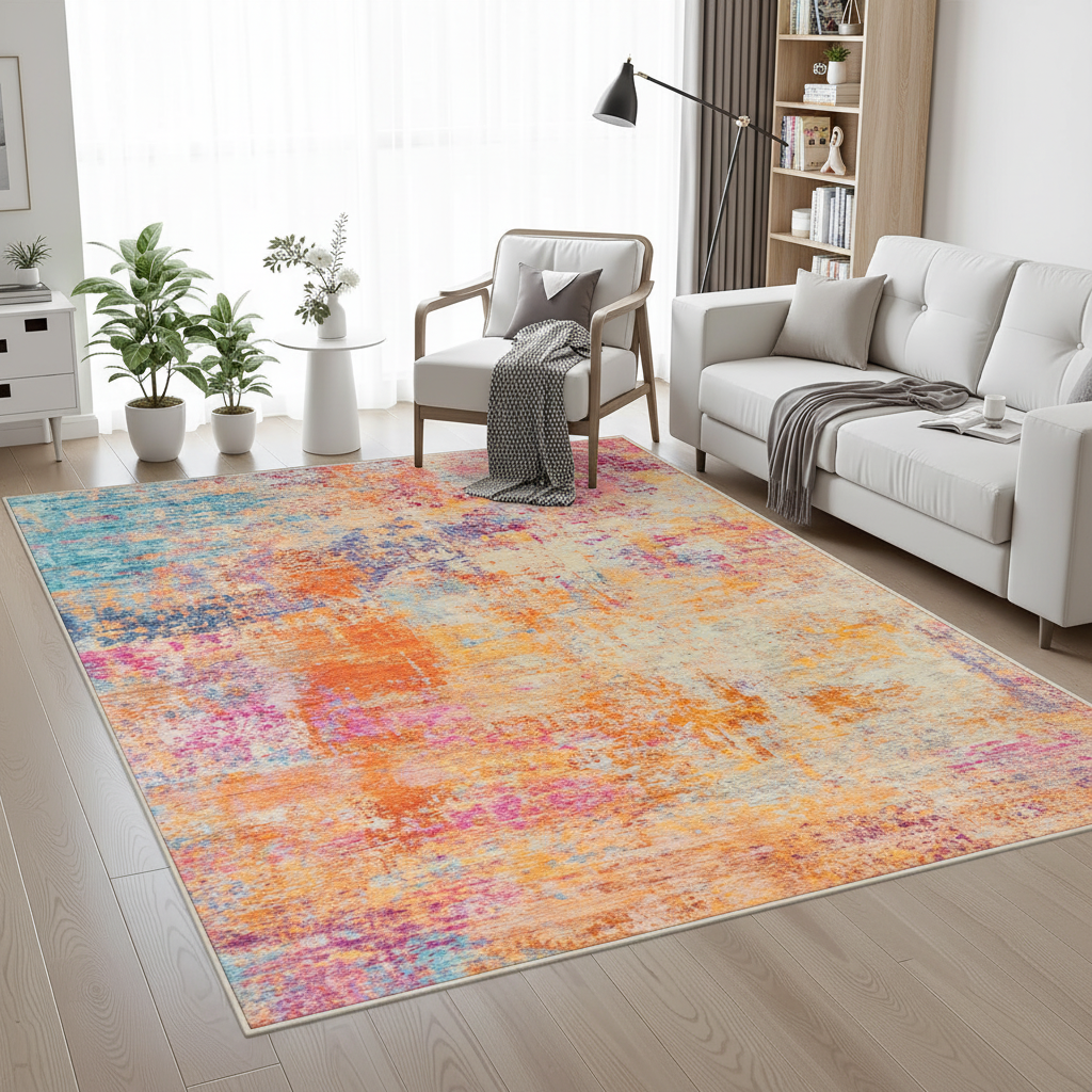 Burnt orange teal watercolor area rug in bedroom, soft washable non-slip large rug