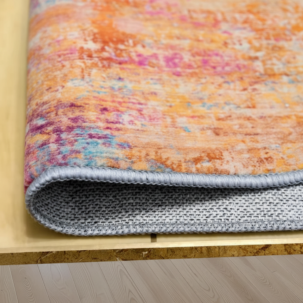 Burnt orange teal abstract rug backing detail, non-slip TPR bottom