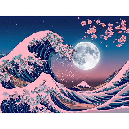 Japanese Wave Moon Tapestry Pink – Cherry Blossom Wall Hanging Decor