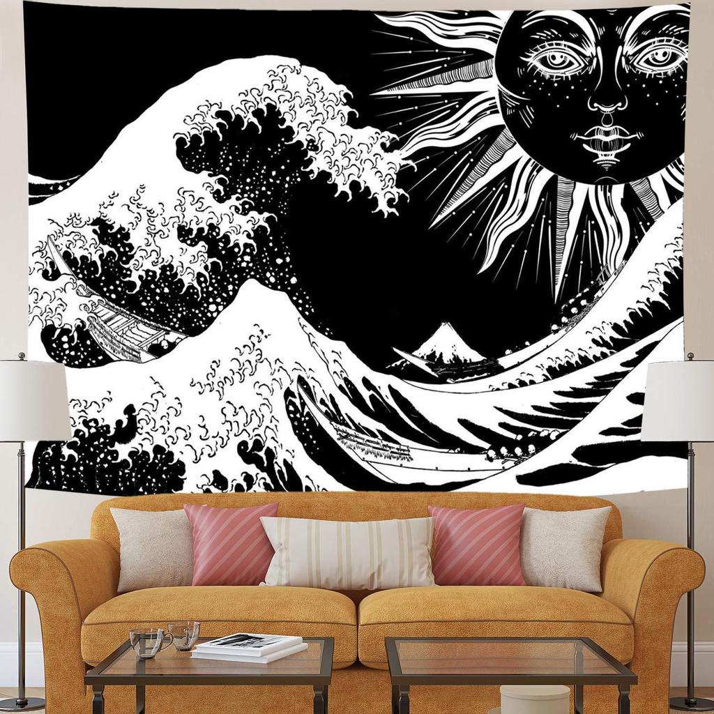 Black White Sun Face Tapestry – Japanese Aesthetic Wall Hanging