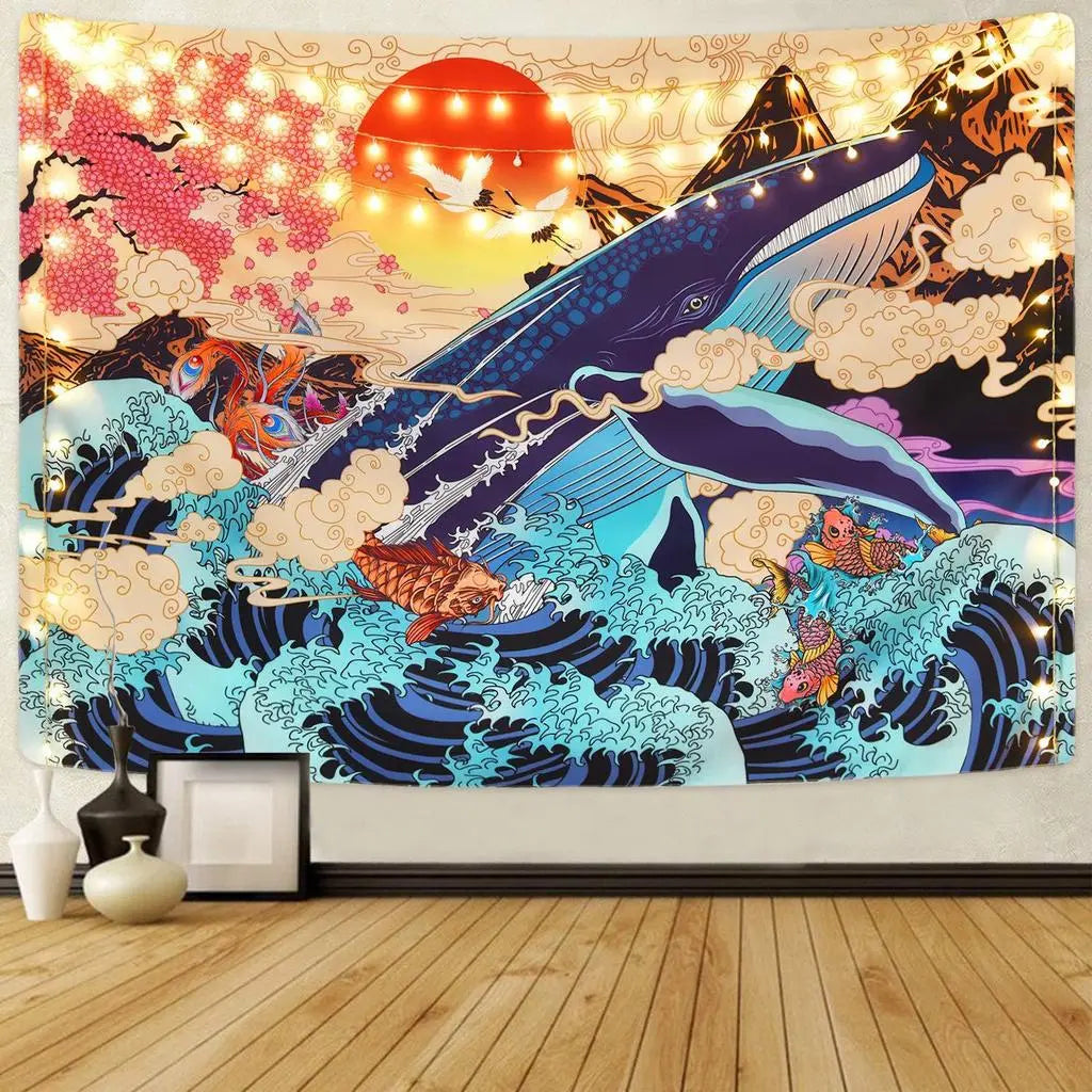 Colorful Whale Wave Tapestry – Japanese Ocean Wall Art Home Decor