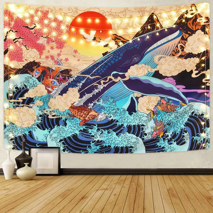 Colorful Whale Wave Tapestry – Japanese Ocean Wall Art Home Decor