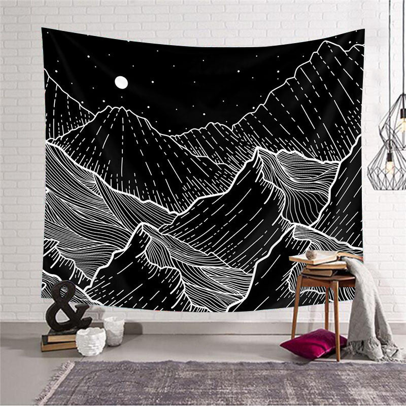 Black Mountain Line Tapestry – Japanese Minimalist Wall Hanging Decor