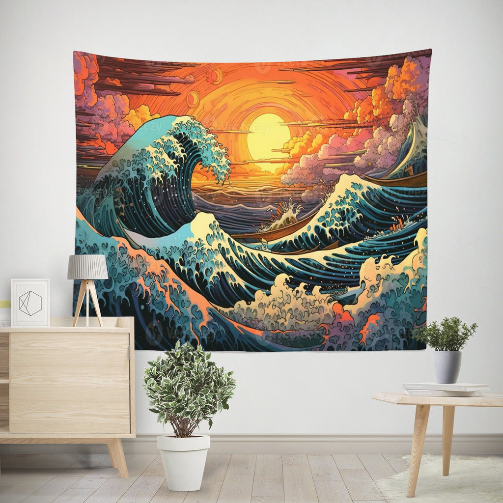 Japanese Wave Tapestry Hanging in Bedroom – Aesthetic Wall Decor