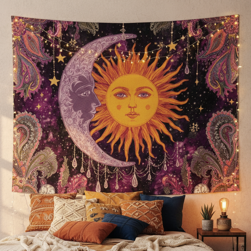 Sun Moon Stars Boho Tapestry in Cozy Dorm Bedroom with Fairy Lights – Celestial Wall Hanging Decor