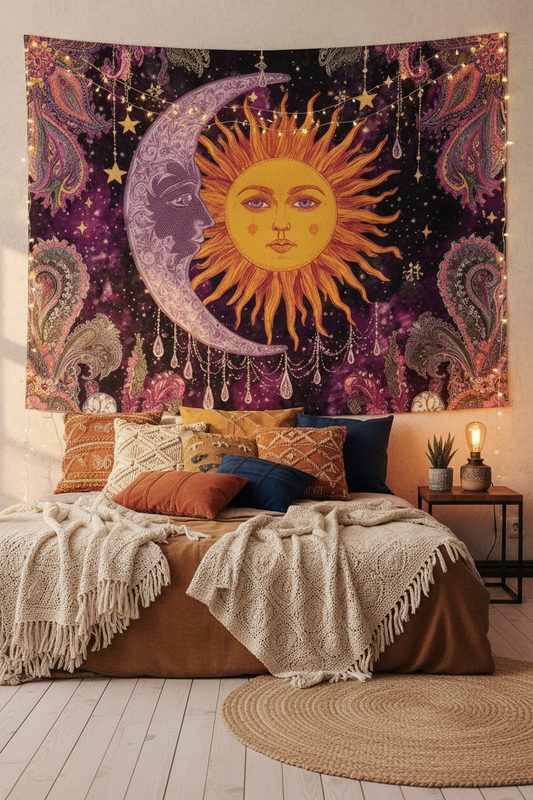 Sun Moon Stars Boho Tapestry in Cozy Dorm Bedroom with Fairy Lights – Celestial Wall Hanging Decor