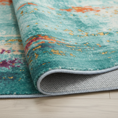 Teal Green Area Rug Non-Slip Backing Detail – TPR Bottom Machine Washable Large Rug