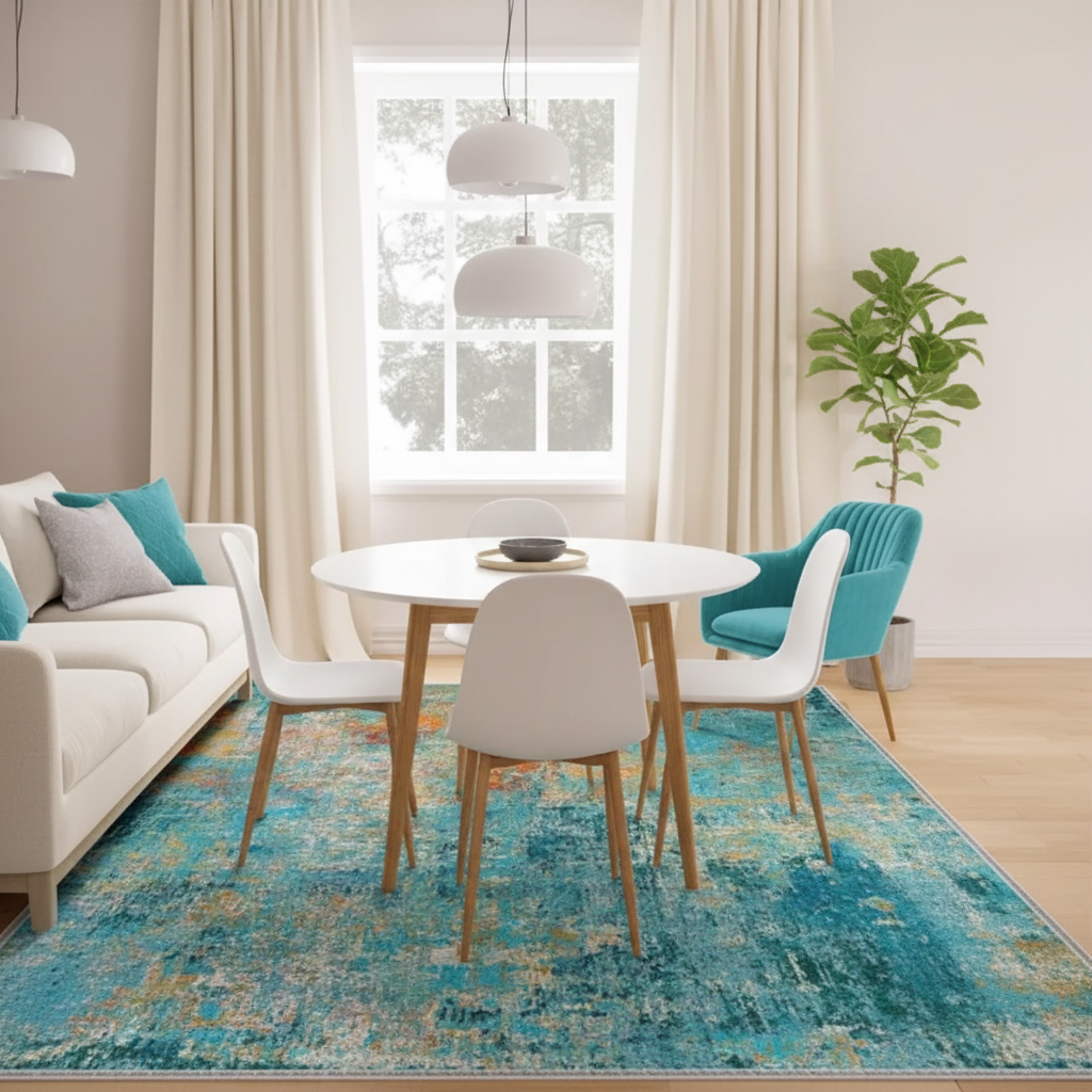 Teal Green Area Rug Under Dining Table – Blue Green Watercolor Washable Non-Slip Rug