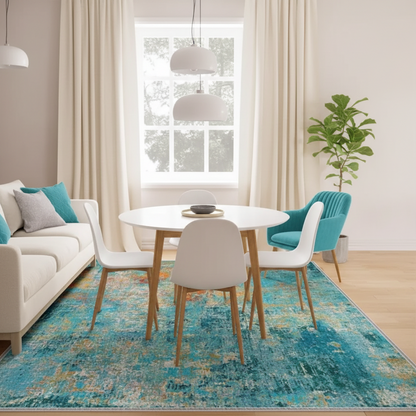 Teal Green Area Rug Under Dining Table – Blue Green Watercolor Washable Non-Slip Rug