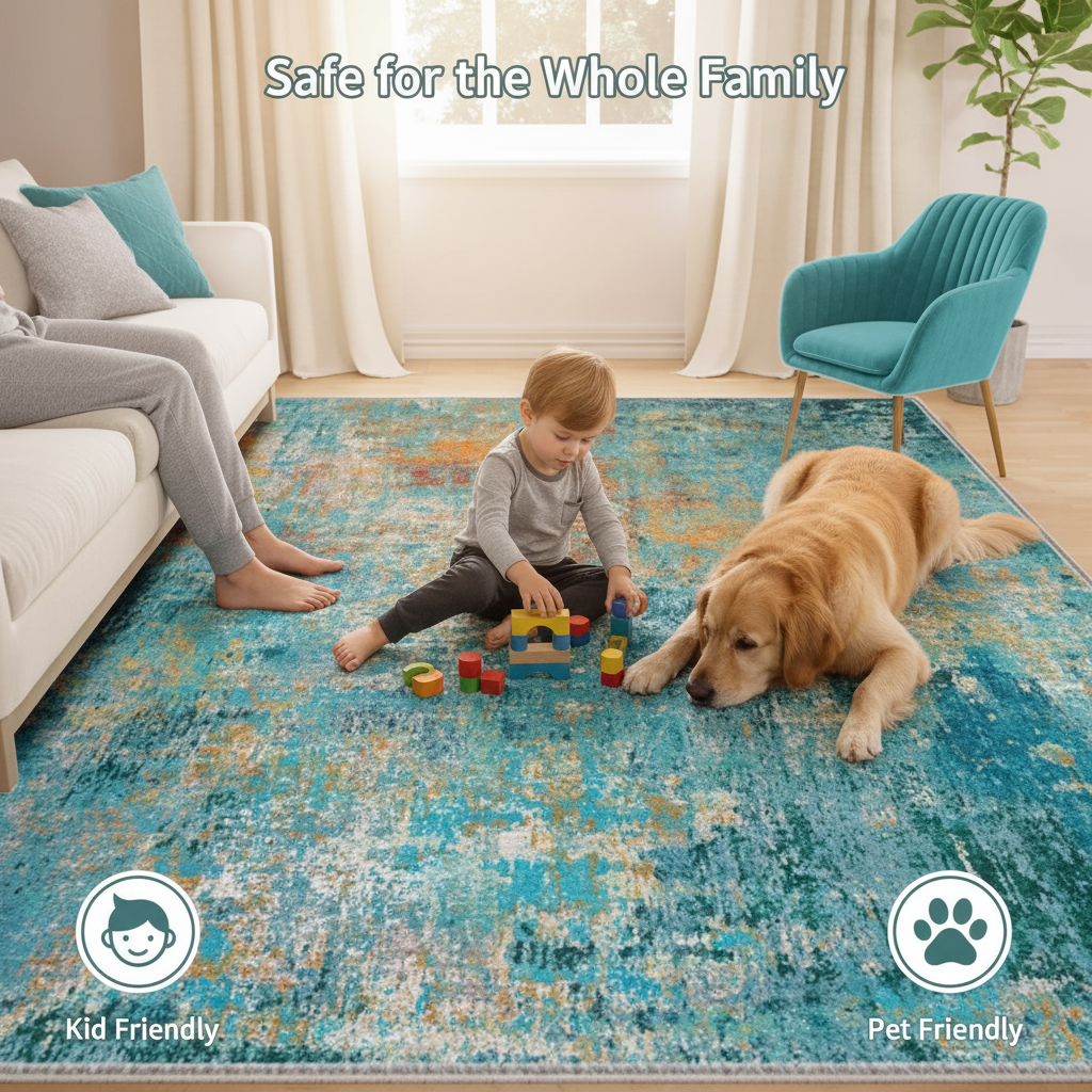 Kid and Pet Friendly Teal Green Area Rug – Safe Non-Toxic Washable Large Rug 8x10 9x12